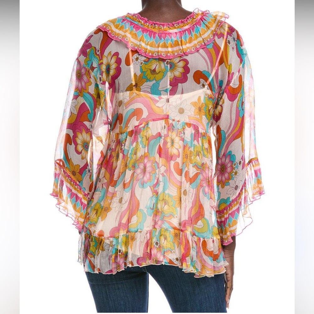 Johnny Was Floral Sheer Ruffle Blouse in Pink, Coral, Turquoise - Picture 11 of 16